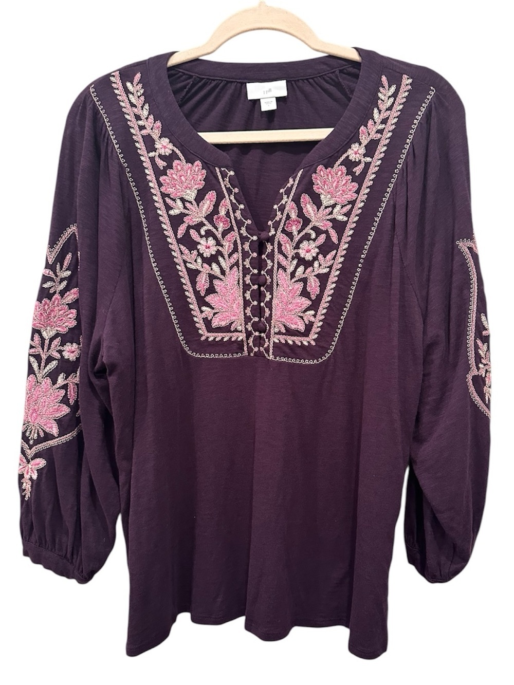 J. Jill Plum V Neck Blouse Top with Pink Floral Embroidery Cottagecore Sz L